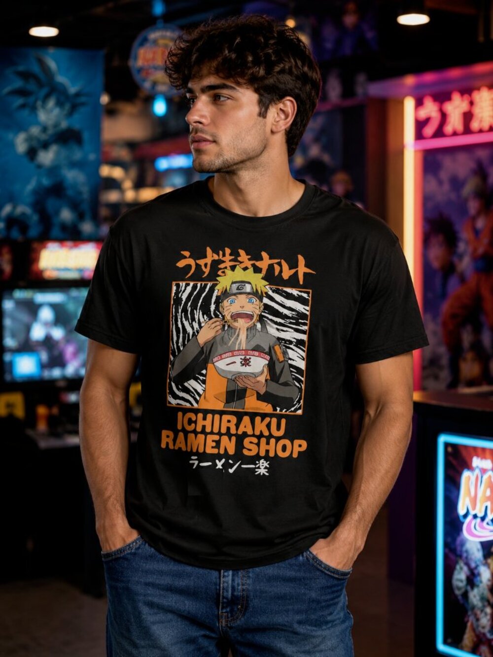 Naruto Shippuden Ichiraku Ramen Shop Graphic T-Shirt Black 2XL Cotton Anime